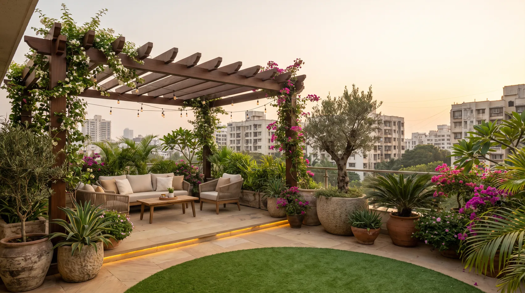 The same rooftop transformed with pergola, planting, lighting and seating