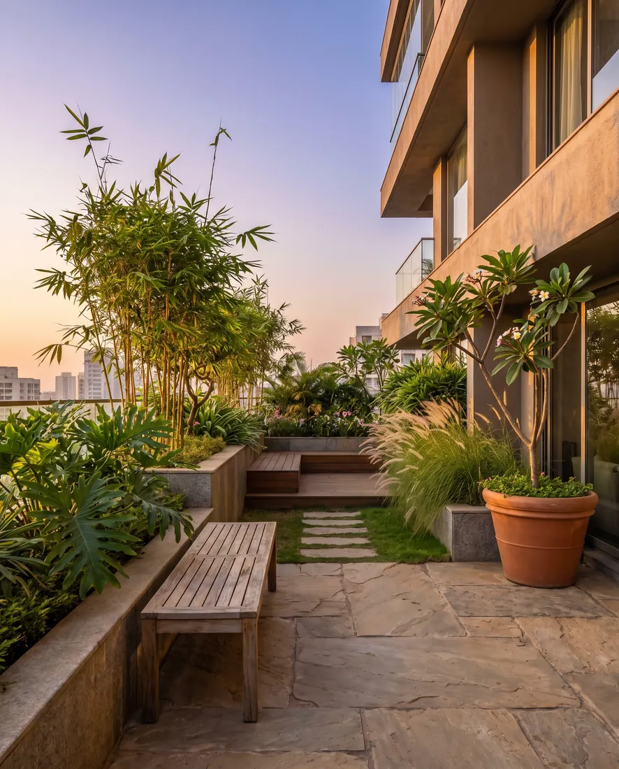 A designed terrace garden in afternoon light