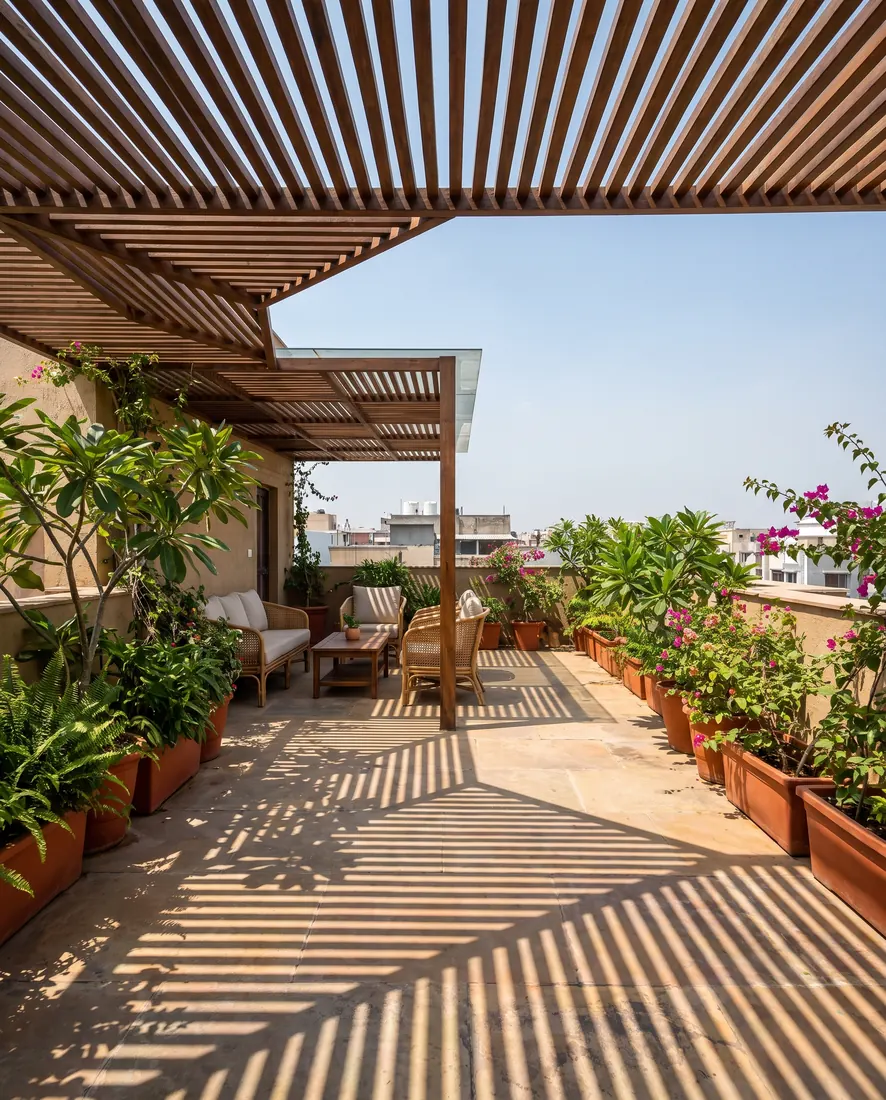 Pergola with shade pattern on a terrace