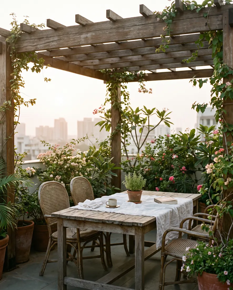 Lush terrace planting in the morning light