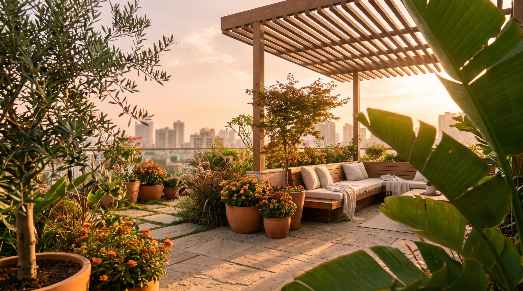 Layered planting in a designed terrace