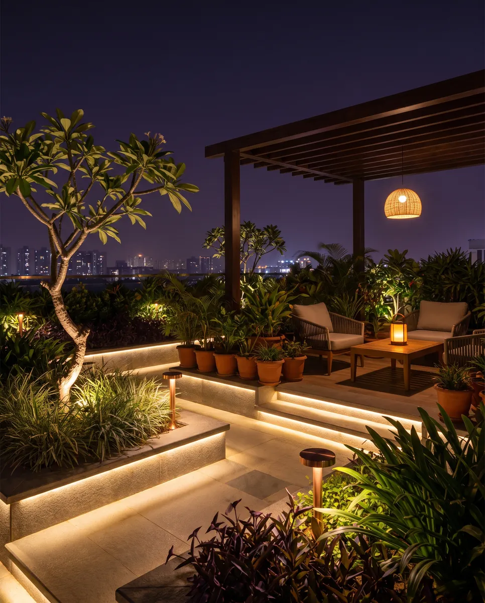 Terrace garden lit in the evening