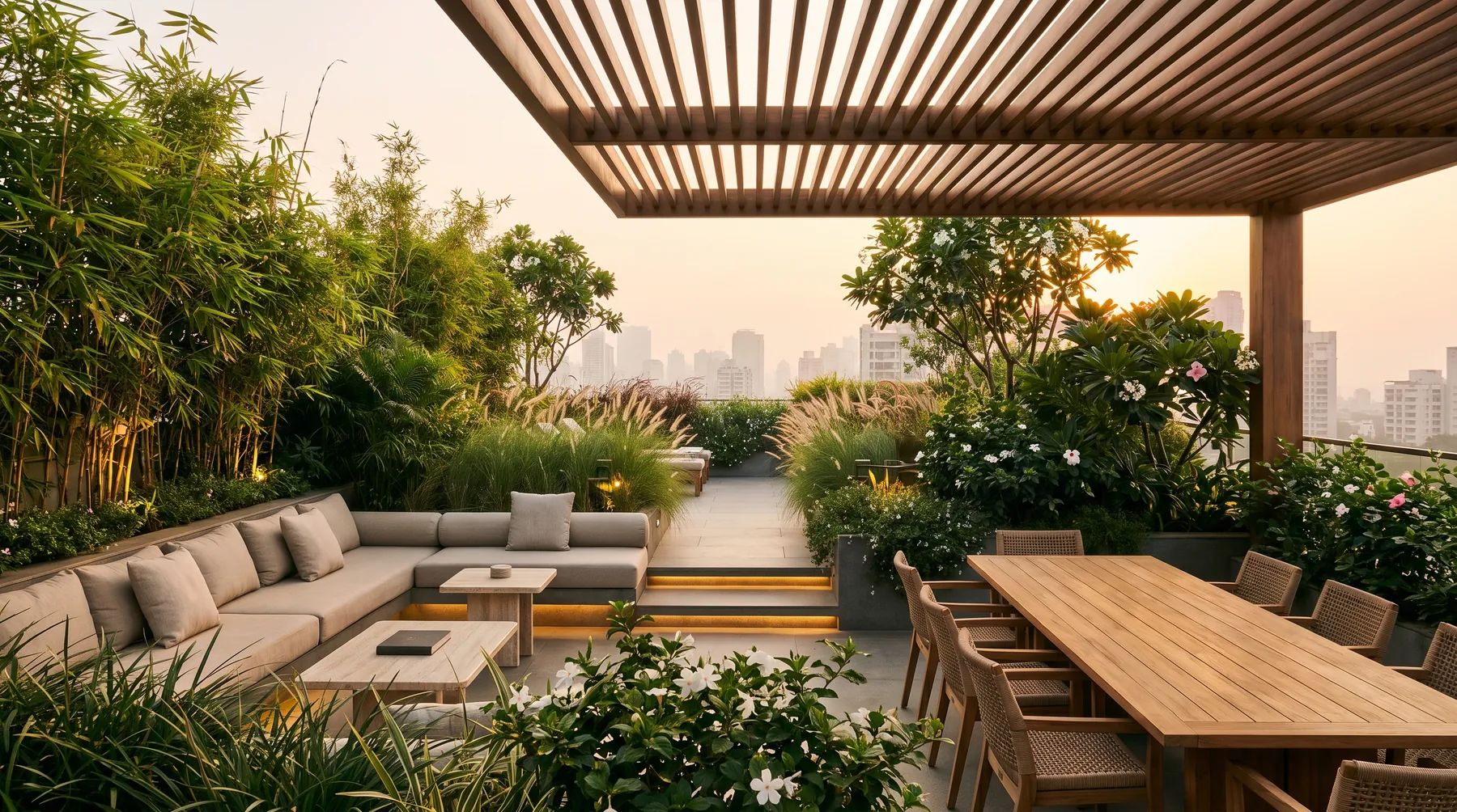 A mature rooftop garden at sunset