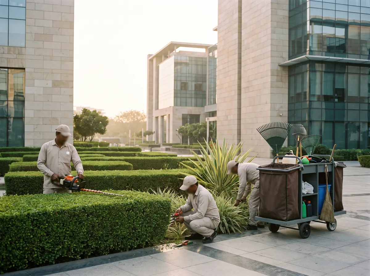 Grounds team maintaining a commercial landscape