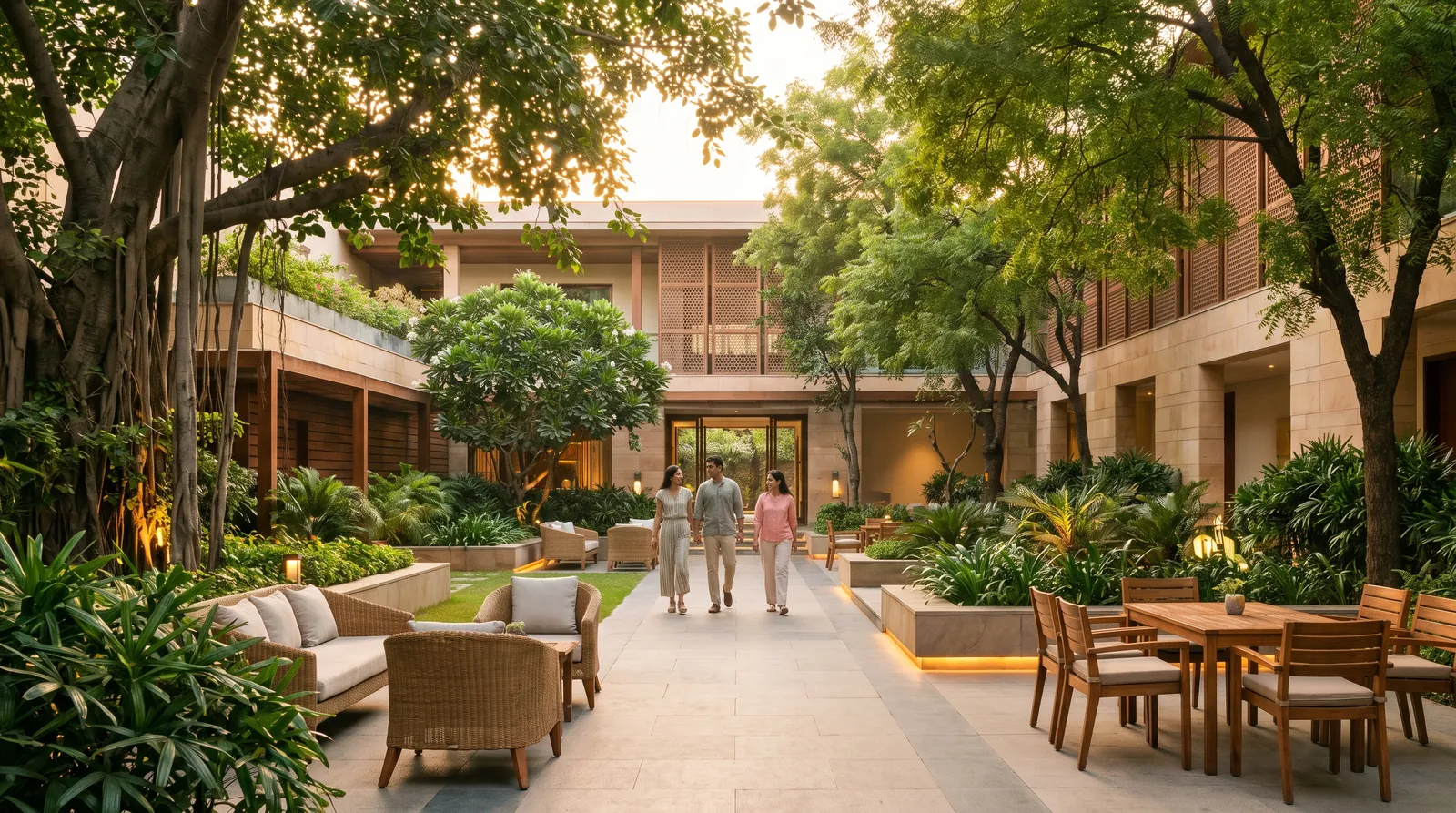 A boutique hotel landscape in golden light
