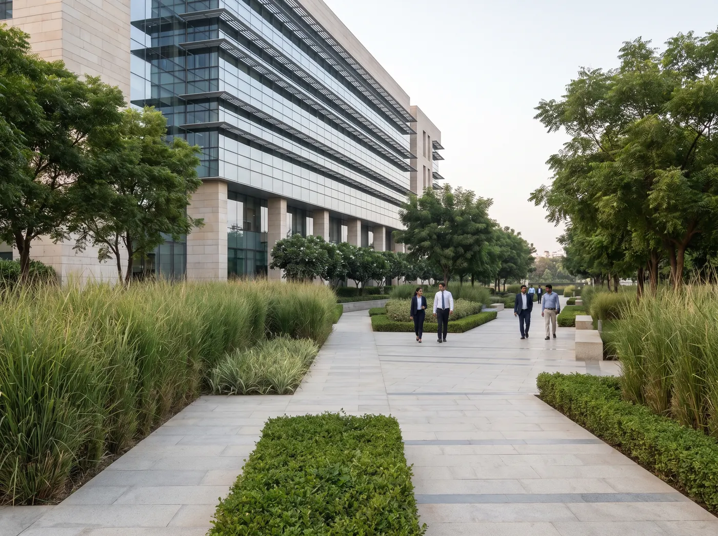 A workplace campus landscape with structured planting