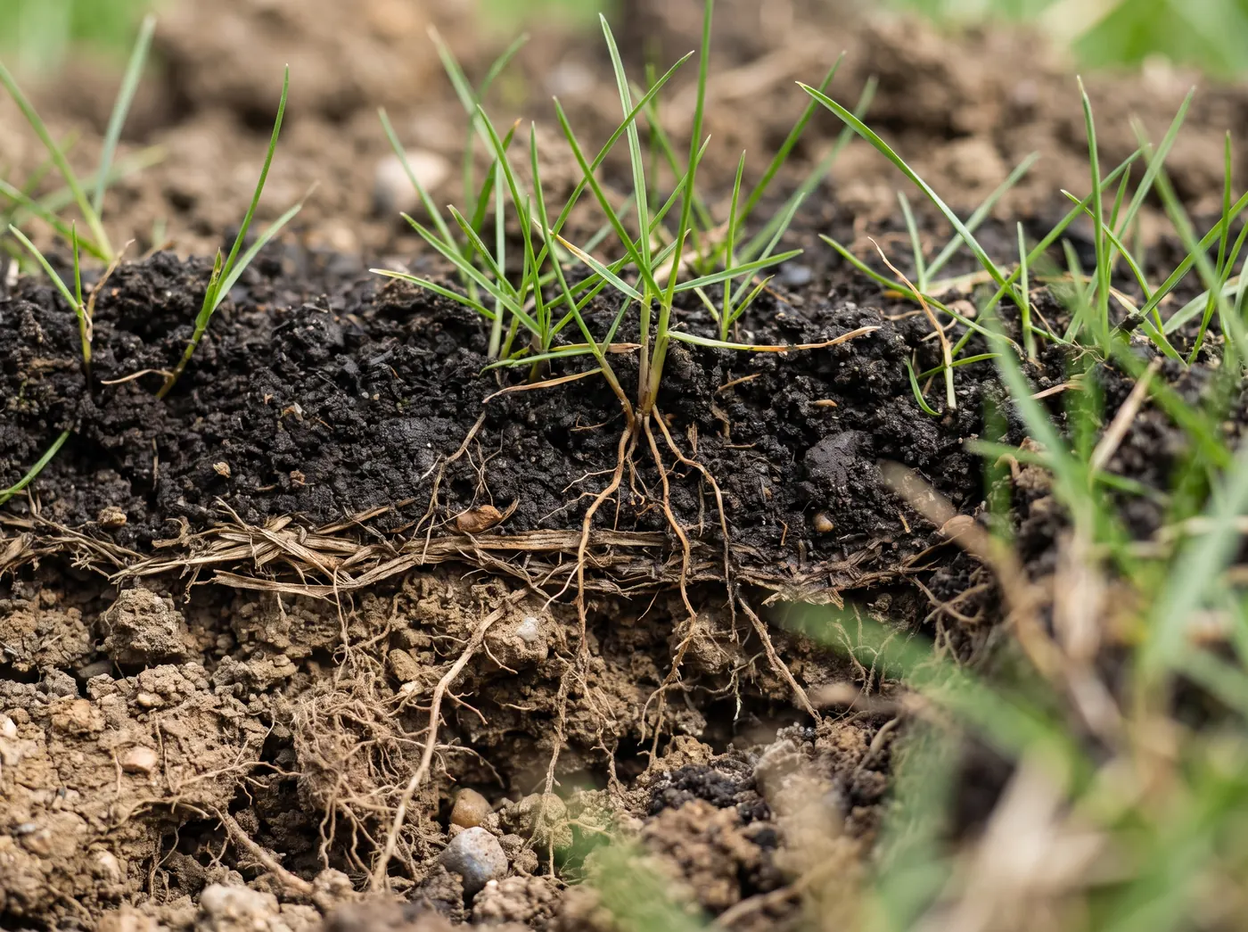 Cross-section of healthy lawn soil