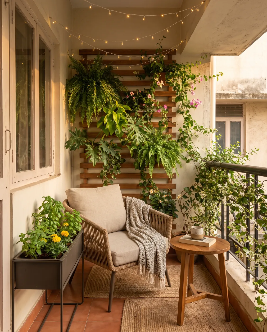 Same balcony transformed with vertical garden, seating and warm materials