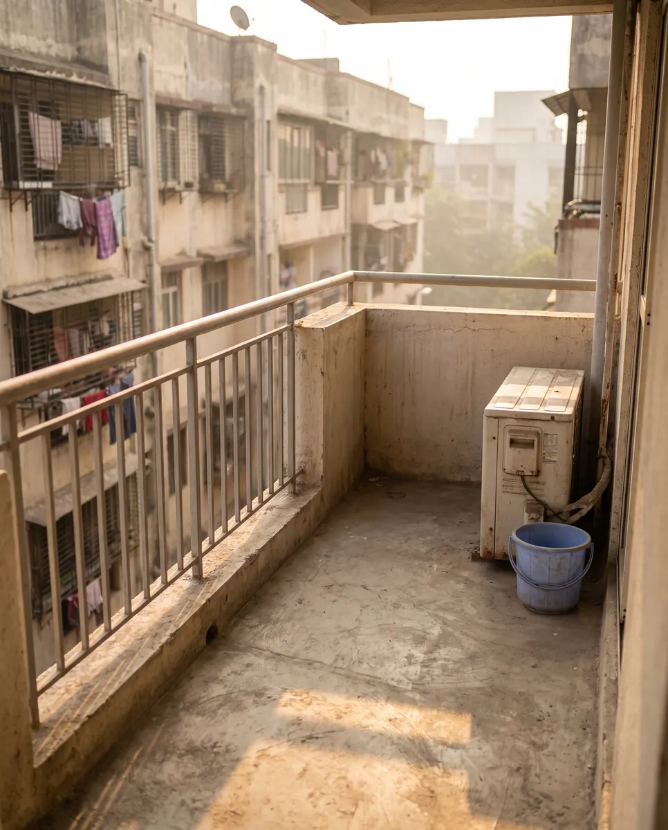 A balcony with AC service hatch and drain visible