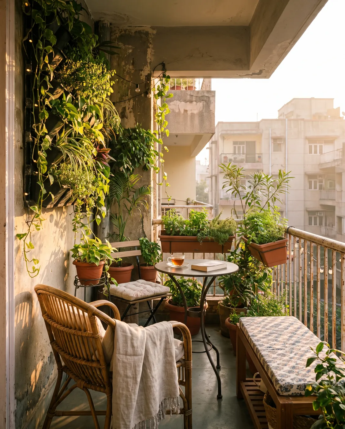Trailing plants softening a balcony corner