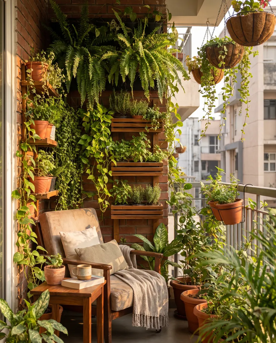 Vertical planting on a balcony wall