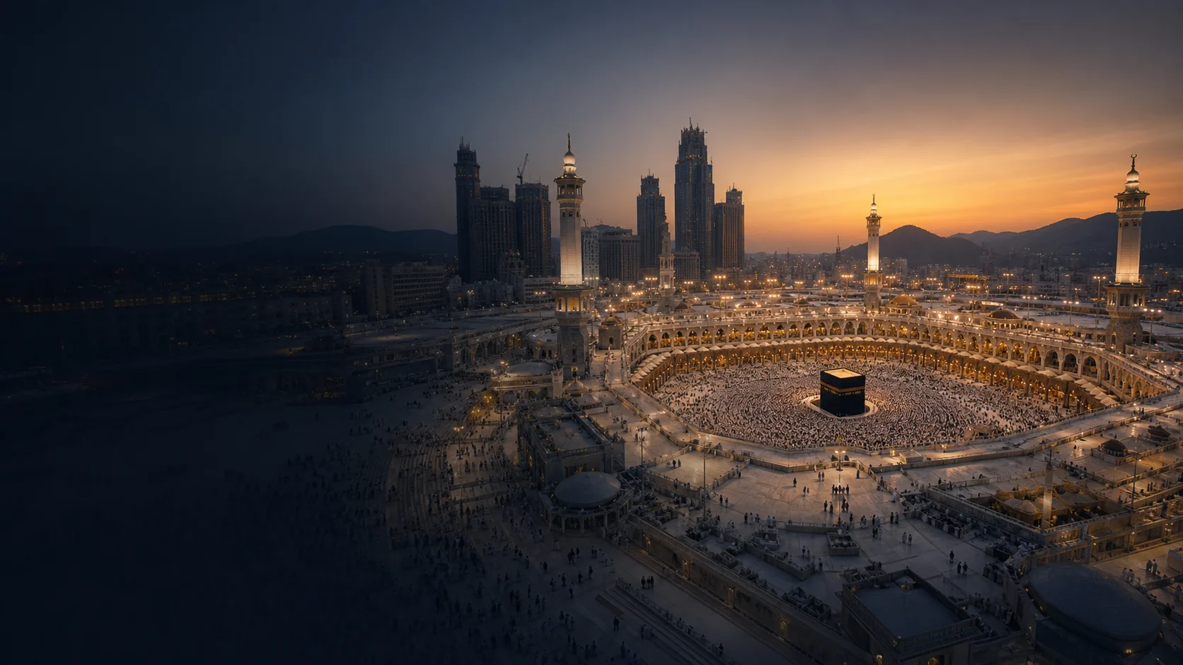 The Grand Mosque in Makkah at night, with the Kaaba at the centre of the courtyard