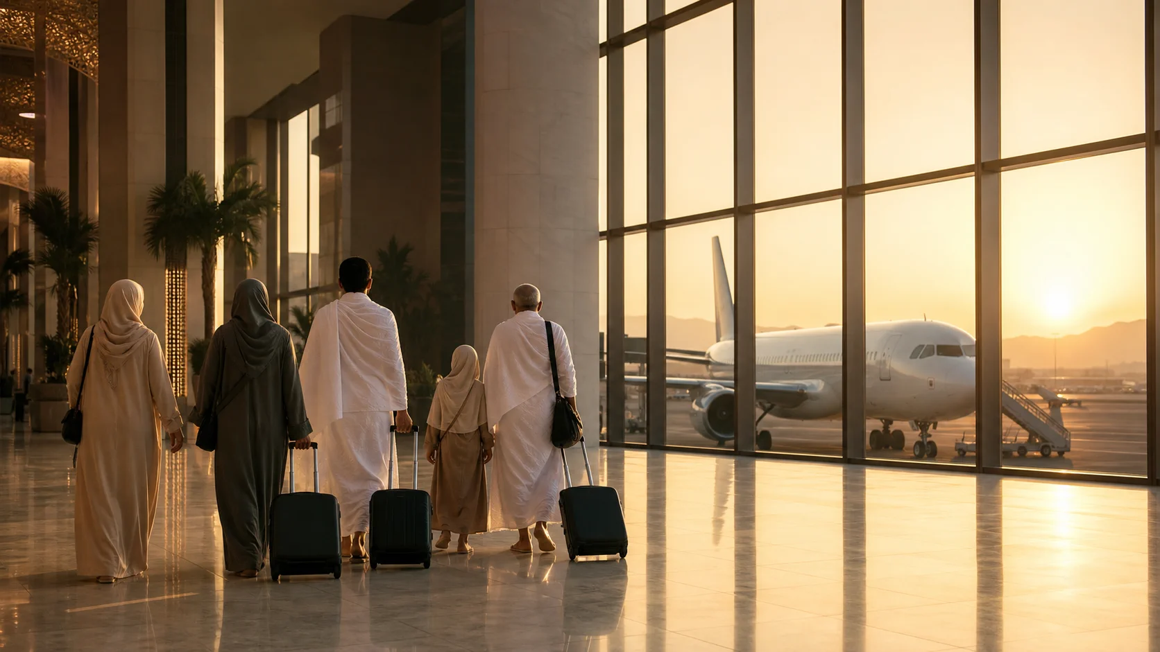 Pilgrims walking towards a Saudi airline flight