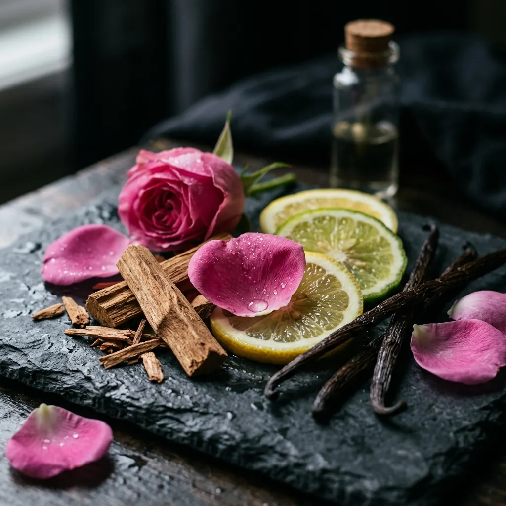 Fragrance ingredients arranged for a perfume brand story